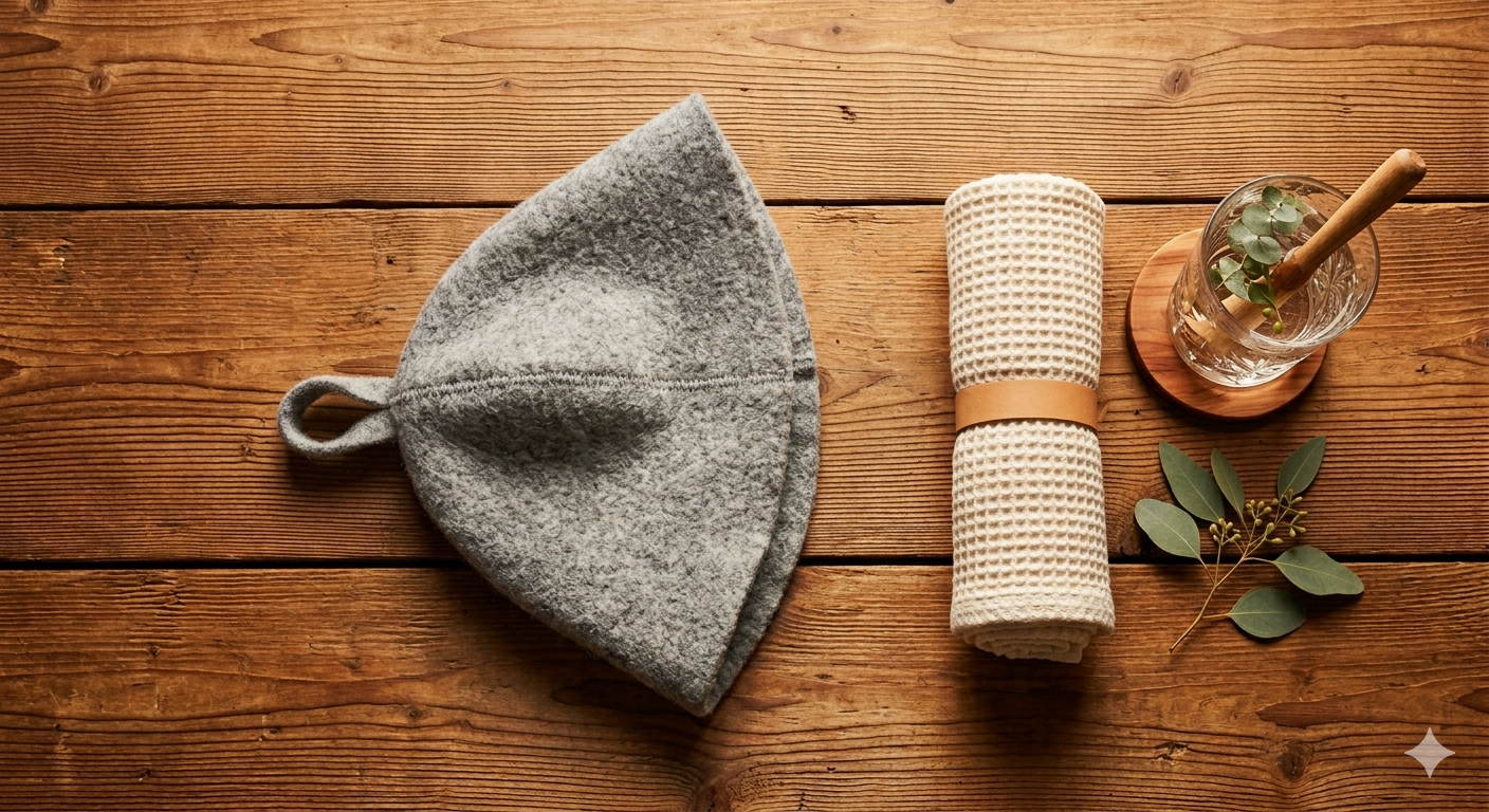 Flat-lay of the grey SaunaHero sauna hat on a clean background