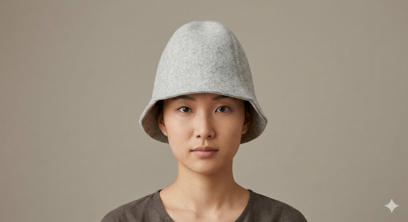 Front view of the grey SaunaHero sauna hat showing the fit and premium felt