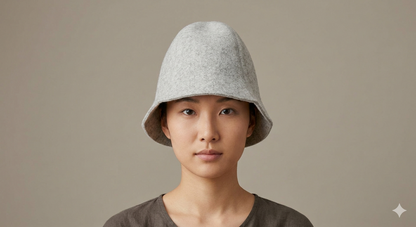 Front view of the grey SaunaHero sauna hat showing the fit and premium felt