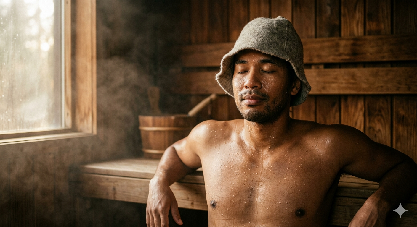 Man in a sauna wearing the grey SaunaHero sauna hat